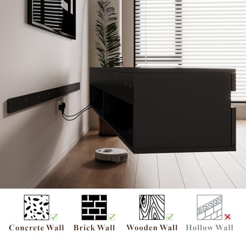basenji 71" Floating TV Stand Wall Mounted,Solid Wood Entertainment Center with LED Lighting & Power Outlet, High-Gloss Modern Media Console for TVs up to 85",Tv Consoles for Living Room,Black - color: Black