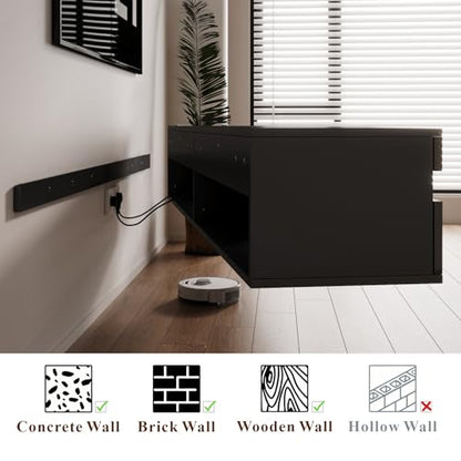 basenji 71" Floating TV Stand Wall Mounted,Solid Wood Entertainment Center with LED Lighting & Power Outlet, High-Gloss Modern Media Console for TVs up to 85",Tv Consoles for Living Room,Black - color: Black