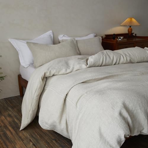 Simple&Opulence 100% Washed Linen Duvet Cover Set 78"x86" - 3 Pieces Soft Farmhouse Comforter Set Double Embroidered with Button Closure - 1 Duvet Cover and 2 Pillowshams (Linen, Full) - color: 2 Embroidery Linen, size: Full