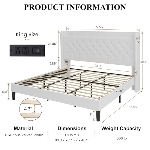 SHA CERLIN King Size Platform Bed Frame with Charging Station, Velvet Wingback Headboard with Storage Shelf, Wooden Slats Support, Ample Under-Bed Space, No Box Spring Needed, Easy Assembly, White - color: White, size: King