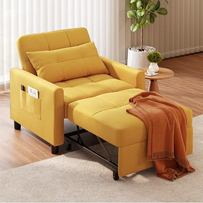 Convertible Sleeper Chair Sofa Bed, Adjustable Backrest, Yellow | 3 in 1 Chair Bed, Adjustable Backrest, Storage Pocket, Compact Fit for Living Rooms, Apartments, Guest rooms - color: Yellow
