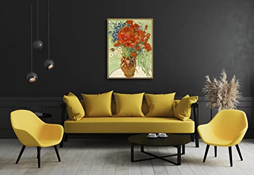 Wieco Art Large Framed Wall Art of Red Poppies and Daisies by Van Gogh Paintings Reproduction Abstract Canvas Prints for Home Living Room Decorations Bronze Gold Frame - size: 32"L x 24"W