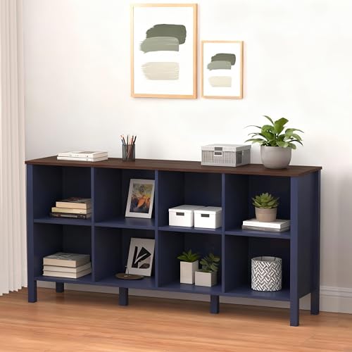 8-Cube Bookcase, Farmhouse Wooden Bookshelf Low Storage Organizer, 59" Horizontal Navy Blue Console with Legs, Hallway Book Case for Entryway, Display Cabinet for Living Room (Navy Blue, 8-Cube) - color: Navy Blue, size: 8-Cube