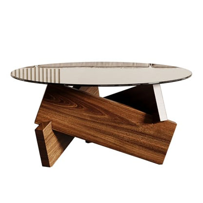 Honyee Modern Round Coffee Table, 30.7" x 30.7" x 16.1" Tempered Glass Top for Living Room, Color: Walnut - color: Walnut