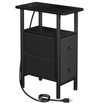 Narrow End Table with Charging Station, Small Nightstand | Skinny Side Tables Living Room with 2 Fabric Drawers, Slim Bedside Table for Bedroom, Small Spaces, Couch, Black - color: Black, size: 23.22''H (2 Drawers), style: Power