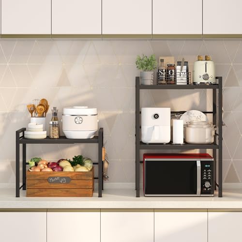 DOLALIKE Microwave Oven Rack, Expandable Microwave Stand Countertop Kitchen Utensils Tableware Storage, Carbon Steel Over Microwave Shelf Countertop with 3 Hooks | Adjustable Microwave Oven Rack Metal Storage Shelf with 3 Hooks for Pans Small Appliances K
