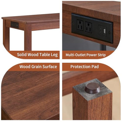 59" Dining Bar Table Set with Power Outlet, Behind Couch Sofa Table with 3 Padded Stools, 4 Piece Bar Table and Chairs Set for Living Room, Dining Room, Cherry - color: R3-cherry
