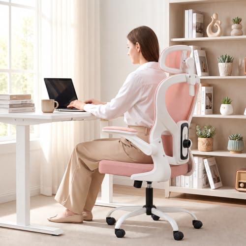 Ergonomic Office Chair with Adjustable Headrest & Lumbar Support, High Back Mesh Desk Chair, 330 LBS Capacity Swivel Computer Chair with Flip-Up Arms, Home Office Gaming Chair(Pink) - color: Pink