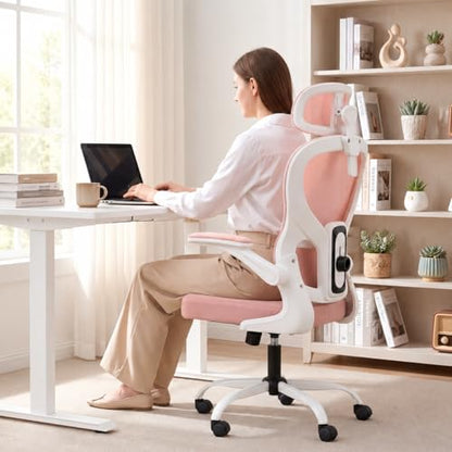 Ergonomic Office Chair with Adjustable Headrest & Lumbar Support, High Back Mesh Desk Chair, 330 LBS Capacity Swivel Computer Chair with Flip-Up Arms, Home Office Gaming Chair(Pink) - color: Pink