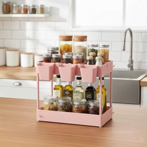 Slim Storage Cart, 3 Tier Narrow Rolling Cart on Wheels Bathroom Organizer with Dividers Handle Hanging Cups Hooks for Laundry Room Kitchen Small Spaces, Pink - style: 3 Tier Pink