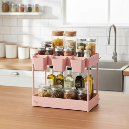 Slim Storage Cart, 3 Tier Narrow Rolling Cart on Wheels Bathroom Organizer with Dividers Handle Hanging Cups Hooks for Laundry Room Kitchen Small Spaces, Pink - style: 3 Tier Pink