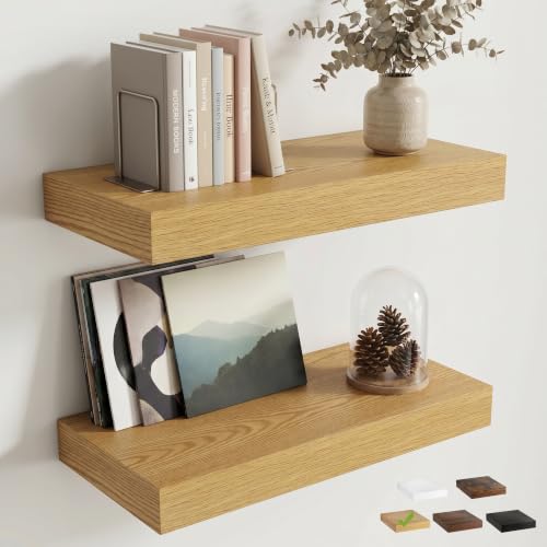 8 inch Deep Floating Shelves for Wall, 24" Wide, Oak Finish, 2-Pack | Engineered Wood Wall Shelves with Invisible Brackets for Living Room, Bedroom, Bathroom, Office & Kitchen Storage - color: Oak Finish, size: 24"W x 8"D, 2p
