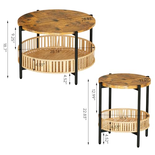 AWQM 3 Pieces Coffee Table Set for Living Room, 2 Tier Round Rattan Coffee End Side Table, Boho Living Room Table Set with Metal Frame for Bedroom Office - size: Set of 3
