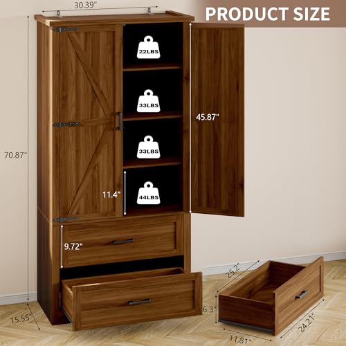 BORNOON Pantry Organizers and Storage Cabinet, 71” Barn Door White Kitchen Cabinet with Drawers and Adjustable Shelf, Tall Pantry for Kitchen, Dining Room, Living Room. Bathroom and Office - color: Walnut, size: Double Drawers
