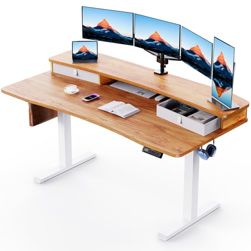 HUANUO 60″ x 30″ Electric Standing Desk with 2 Drawers, C-Clamp Mount Compatible, Height Adjustable Computer Desk, Home Office Stand Up Desk with 4 Preset Heights & 2 Hooks, Light Vintage - color: Light Vintage, size: 60" X 30"