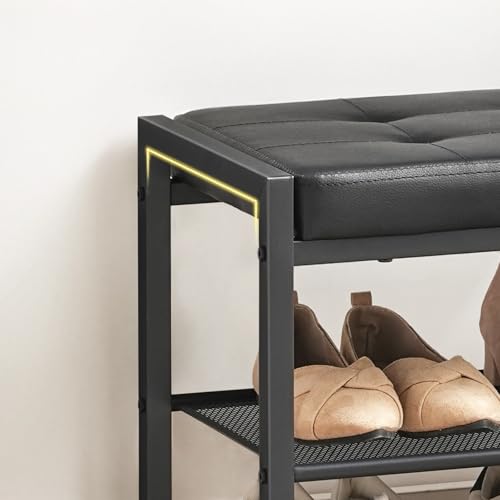 HOOBRO Small Shoe Bench, 3-Tier Shoe Rack, Shoe Storage Bench with PU Seat Cushion, Entryway Shoe Rack Bench with Metal Mesh Shelves, Freestanding Shoe Organizer for Hallway, Black BB33HX01 - color: Black