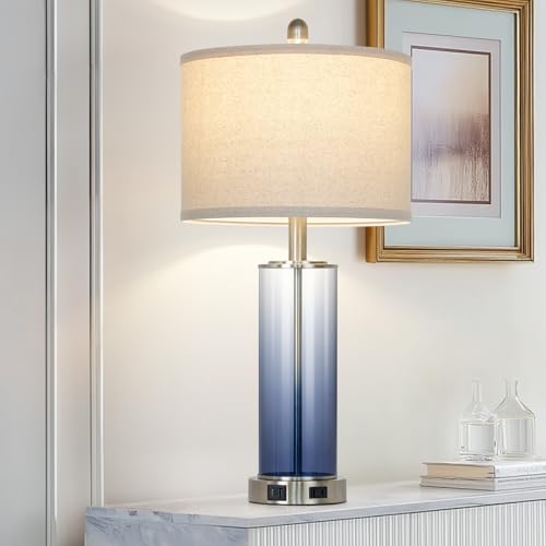 Ruzectt 26" Glass Table Lamp Single, 3-Way Dimmable Touch Control Living Room Lamp with USB C+A Ports & AC Outlet, Coastal Bedside Lamps, Bedroom Lamps for Nightstand Side End Table Desk, Blue-1PK - color: Blue-1PK