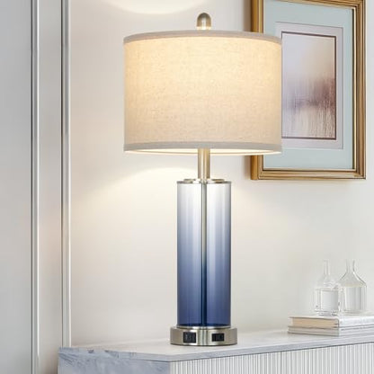 Ruzectt 26" Glass Table Lamp Single, 3-Way Dimmable Touch Control Living Room Lamp with USB C+A Ports & AC Outlet, Coastal Bedside Lamps, Bedroom Lamps for Nightstand Side End Table Desk, Blue-1PK - color: Blue-1PK