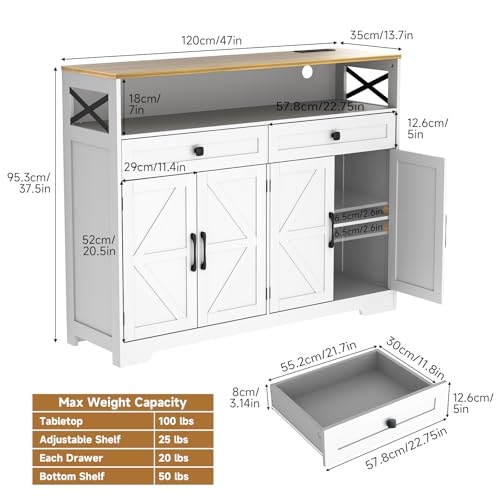 Lahomie Sideboard Buffet Cabinet with Storage, 47" Kitchen Buffet Cabinet with Charging Station, Farmhouse Coffee Bar Station with Drawers and Doors, Credenza for Kitchen Living Room Entryway, White - color: White, size: 47"W