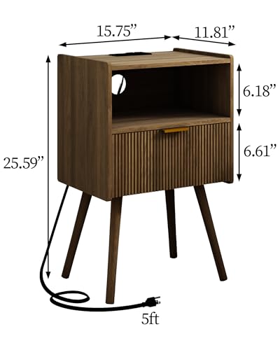 Nightstand with Outlet,Modern Bedside Table with Storage Drawer and Open Wood Shelf, for Living Room, Bedroom and Small Spaces, Accent Night Stand with Solid Wood Legs, Easy Assembly,Brown - color: Walnut Brown-outlet