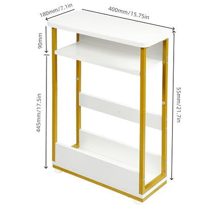Narrow Side Table,3-Tier Slim End Table with Storage Shelf,Modern Sofa Table Thin Side Table for Small Spaces, Skinny Bedside Table Small Nightstand with Magazine Rack Space Saving/White+Gold - color: White+gold