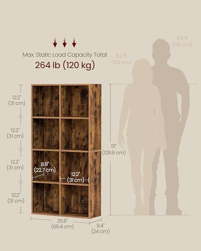 VASAGLE Bookcase Cube Shelf with 8 Compartments, 9.4 x 25.8 x 51 Inches | Bookshelf storage shelf, Rustic Brown, CUSTOS Collection, ULBC424K01 - color: Rustic Brown, size: 8 Cubes (9.4"D x 51"H), style: 1 Pack