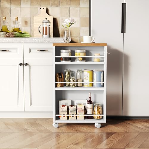 LITTLE TREE 4 Tier Rolling Cart with Wheels, 6.3 Inch Slim Storage Cart, Wooden Snack Cart with Narrow Shelf, White Laundry Room and Bathroom Organizer Shelves - color: White