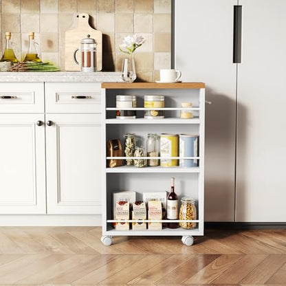 LITTLE TREE 4 Tier Rolling Cart with Wheels, 6.3 Inch Slim Storage Cart, Wooden Snack Cart with Narrow Shelf, White Laundry Room and Bathroom Organizer Shelves - color: White