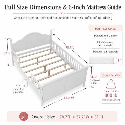 Full Size Kids Bed Frame with Removable Guardrails, Low Profile, White | 3 guardrail setups: all installed, front removed or all removed; 8 slats; 6-inch mattress sold separately; no box spring - color: White, size: Full