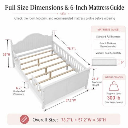 Full Size Kids Bed Frame with Removable Guardrails, Low Profile, White | 3 guardrail setups: all installed, front removed or all removed; 8 slats; 6-inch mattress sold separately; no box spring - color: White, size: Full