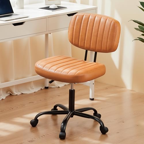 YSSOA Home Office Desk Chair Small Computer Chair Ergonomic with Low Back Lumbar Support, Height Adjustable Armless PU Leather Vanity Stool 360° Swivel Rolling Chair, Brown - color: Brown