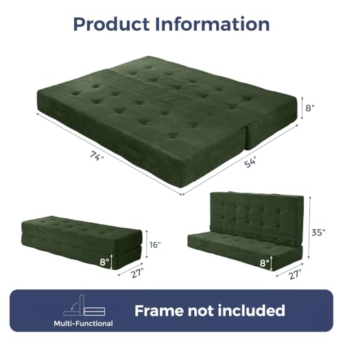MAXYOYO Foldable Mattress, 8-Inch Tufted Futon Mattress with Handles | Tufted Floor Sofa Bed and Versatile Mattress, Carry Handles for Living Rooms or Guest Rooms, Frame Not Included, Dark Green - color: Dark Green