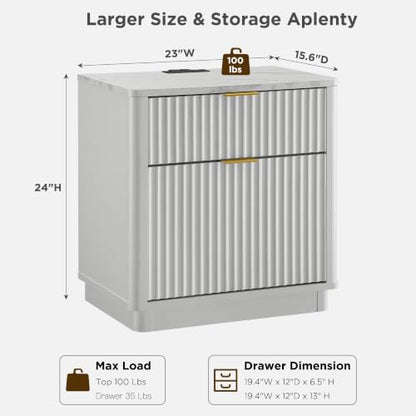 T4TREAM 23'' Fluted Nightstand with Charging Station, Modern, Solid White | Large 2 Drawer, Curved Profile, Mid-Century, Bedside Table with Storage, End Table for Living Room, Bedroom, Side Table - color: Solid White