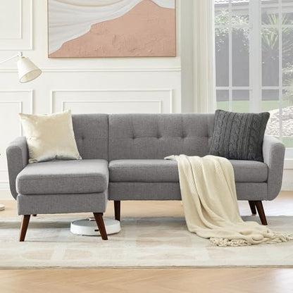 Tbfit L Shaped Couch Sofa, 80" W Mid-Century Modern Sectional Couches, 3 Seater Sofas with Wide Chaise Lounge, Button Tufted Upholstered Sectional Sofa for Living Room, Bedroom, Gray - color: Grey, size: 80" L-shape
