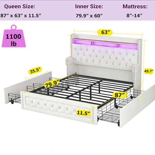 Ailisite Queen Size Bed Frame with 4 Storage Drawers,Velvet Upholstered Queen Platform Bed with Charging Station and Storage Headboard, Led Queen Bed Frame, Crystal Deco, No Box Spring Needed,White - color: White, size: Queen