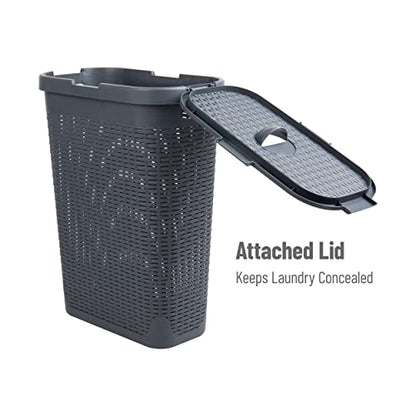 Mind Reader Slim Laundry Hamper with Lid, 40L Clothes Basket, Narrow Tapered Design with Ventilated Cutout Pattern, Plastic, Set of 2, Gray