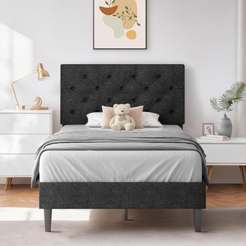 HOMBCK Twin Size Bed Frame with Adjustable Headboard, Linen Fabric Upholstered Bed Frame with Wood Slats, Twin Bed Frames for Kids, Button Tufted Design, No Box Spring Needed, Dark Grey - color: Dark Grey, size: Twin