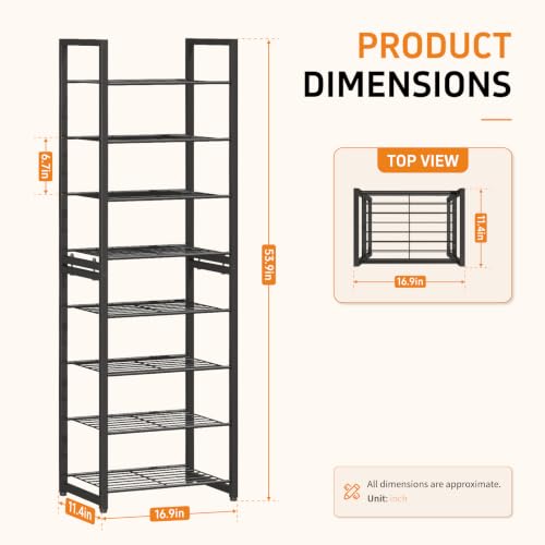 Stackable Shoe Rack, 8-Tier Metal Organizer Holds up to 16 Pairs, Tall Narrow Shoe Storage for Small Space Closet Hallway, Black - size: 8 Tier