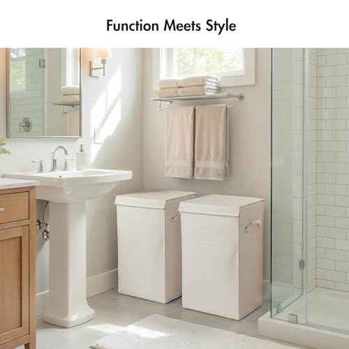 Luxe Slim Collapsible Laundry Hamper with Lid, Beige, 2-Pack, 50L | Polyester Construction, Carry Handles, Removable Liner, Rectangular Shape