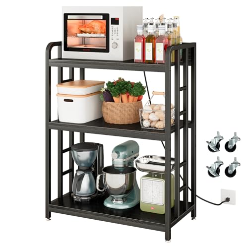 Baker's Rack with Power Outlet, 3-Tier Adjustable Microwave Cart, Black | Microwave Stand with Storage, Spice Rack，Locking Wheels, Coffee Station for Kitchen，Living Room，Coffee Bar，Office - color: Black