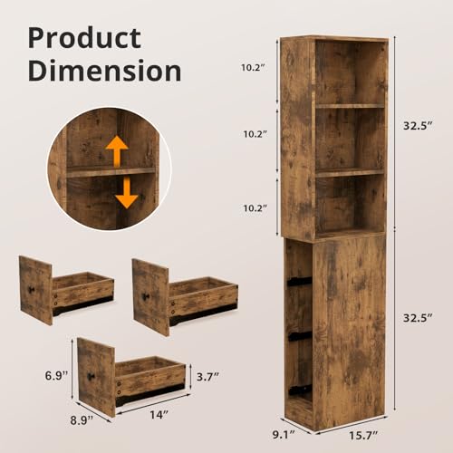 ARTETHYS Tall Slim Bathroom Storage Cabinet with Adjustable Shelves Rustic | Slim Free Standing Space Saver Organizer for Living Room Kitchen, 3 Drawers - color: Rustic