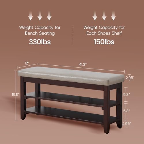 40" Entryway Bench, Shoe Storage Bench, Grey | Leather Cushion, Shoe Rack, End of Bed Bench for Front Door Entrance, Mudroom - color: Grey
