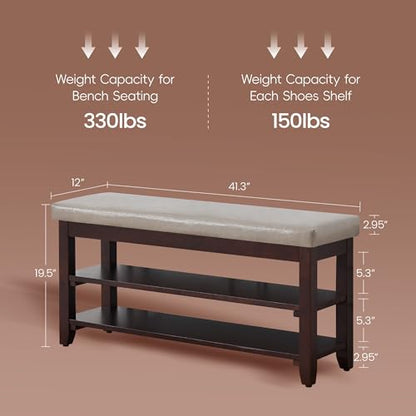 40" Entryway Bench, Shoe Storage Bench, Grey | Leather Cushion, Shoe Rack, End of Bed Bench for Front Door Entrance, Mudroom - color: Grey