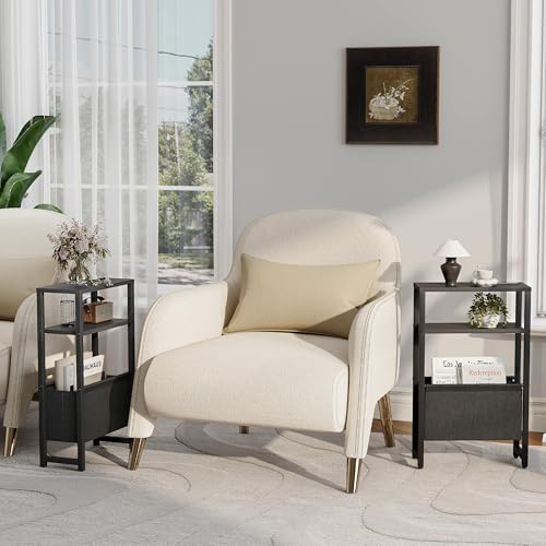 Narrow Side Table, Slim End Table with Magazine Rack, Skinny Bedside Table for Small Spaces, 3 Tier Sofa Couch Table Nightstand for Living Room, Bedroom, Black LET503B - color: Black, style: No Charging Station