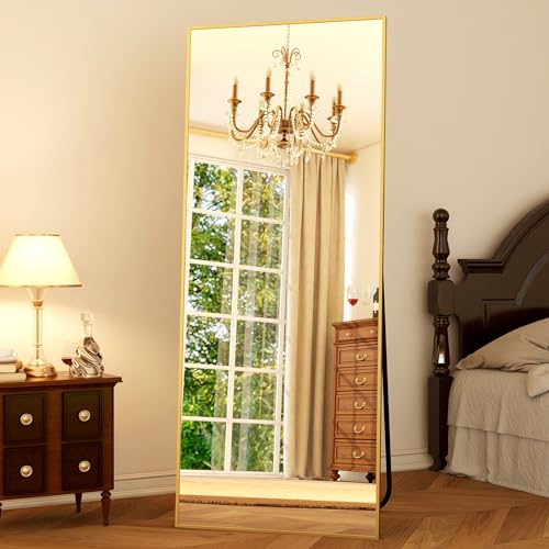 64"x21" Full Length Mirror, Full Body Mirror with Stand,Gold | HD Shatterproof Tempered Glass, Freestanding/Wall/Lean, Rectangle Floor Mirror Aluminum Alloy Frame for Bedroom Living Room - color: Gold, size: 64"L x 21"W
