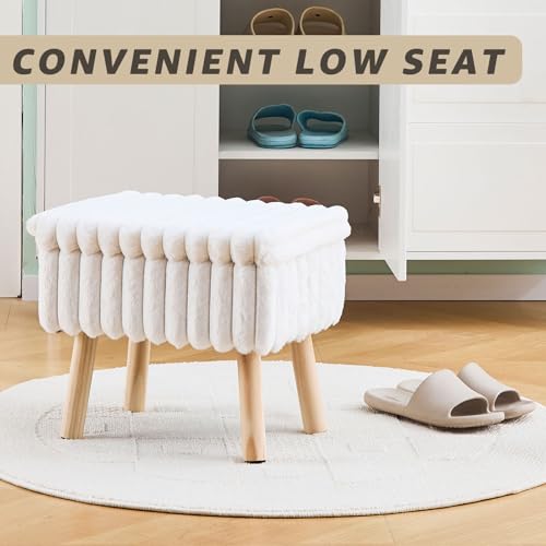 Wimarsbon Storage Ottoman,Soft Faux Fur Footstool with Padded Seat, Small Reading Vanity Chair, Footrest with Wood Tray for Couch, Mini Coffee Table or Display Stand (Cream)