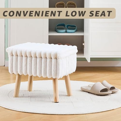 Wimarsbon Storage Ottoman,Soft Faux Fur Footstool with Padded Seat, Small Reading Vanity Chair, Footrest with Wood Tray for Couch, Mini Coffee Table or Display Stand (Cream)