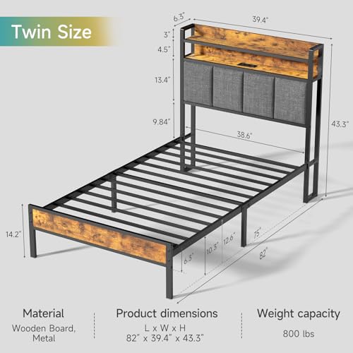Z-hom Twin Bed Frame with 2-Tier Storage Upholstered Headboard,Noise Free | Metal Platform Bed Frame with USB Charging Station and LED Lights,No Box Spring Required,Easy to Assemble,Vintage Brown - color: Upgraded Version-vintage Brown, size: Twin