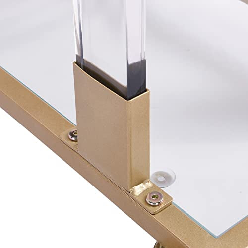 Clear Sofa Side Table C Shaped End Table with Wheels, Rolling Acrylic Bedside Laptop Snack Table TV Tray, Mobile Breakfast Tray Table with Tempered Glass Shelves and Clear Acrylic Frame - color: Acrylic Clear, Gold