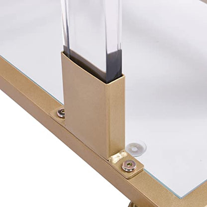 Clear Sofa Side Table C Shaped End Table with Wheels, Rolling Acrylic Bedside Laptop Snack Table TV Tray, Mobile Breakfast Tray Table with Tempered Glass Shelves and Clear Acrylic Frame - color: Acrylic Clear, Gold